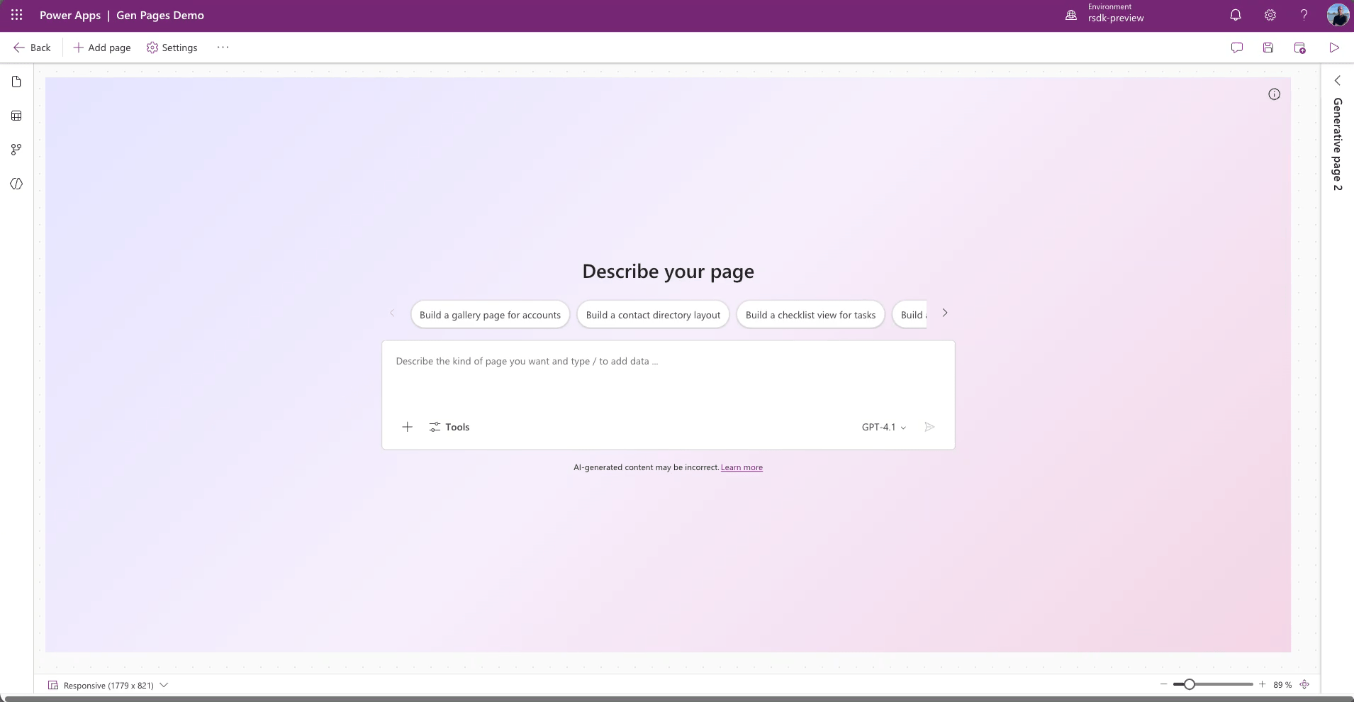 Model-driven app - paste prompt, add tables and generate page